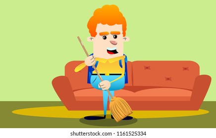 Schoolboy holding a broom. Vector cartoon character illustration.