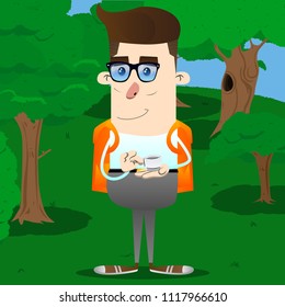 Schoolboy holding a cup of coffee. Vector cartoon character illustration.