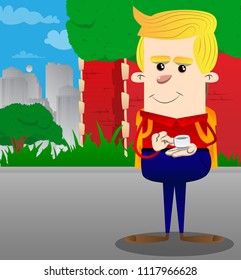 Schoolboy holding a cup of coffee. Vector cartoon character illustration.