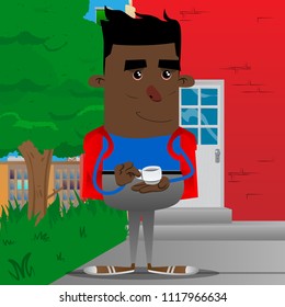Schoolboy holding a cup of coffee. Vector cartoon character illustration.
