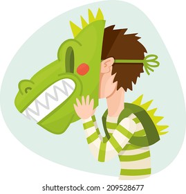 schoolboy holding a dinosaur mask
