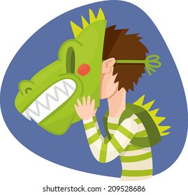 schoolboy holding a dinosaur mask on a blue background