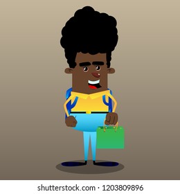 Schoolboy holding a green paper bag. Vector cartoon character illustration.