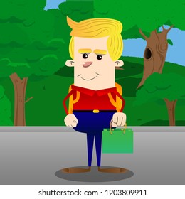 Schoolboy holding a green paper bag. Vector cartoon character illustration.