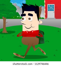 Schoolboy holding his fists in front of him ready to fight wearing boxing gloves. Vector cartoon character illustration.