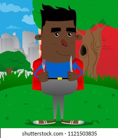 Schoolboy holding up a knife and fork. Vector cartoon character illustration.