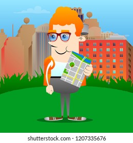Schoolboy holding map. Vector cartoon character illustration.