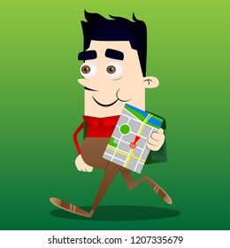 Schoolboy holding map. Vector cartoon character illustration.