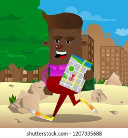 Schoolboy holding map. Vector cartoon character illustration.