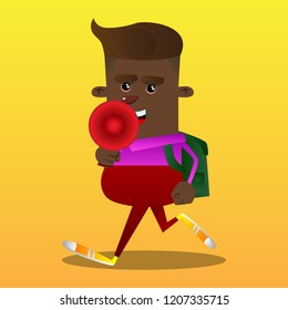 Schoolboy holding megaphone. Vector cartoon character illustration.