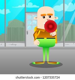 Schoolboy holding megaphone. Vector cartoon character illustration.