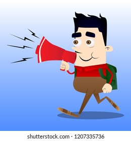 Schoolboy holding megaphone. Vector cartoon character illustration.