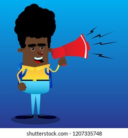 Schoolboy holding megaphone. Vector cartoon character illustration.