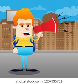 Schoolboy holding megaphone. Vector cartoon character illustration.
