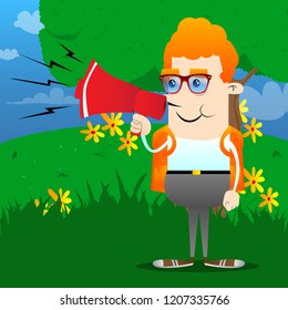 Schoolboy holding megaphone. Vector cartoon character illustration.