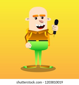 Schoolboy holding microphone. Vector cartoon character illustration.
