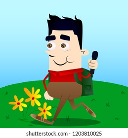Schoolboy holding microphone. Vector cartoon character illustration.