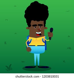 Schoolboy holding microphone. Vector cartoon character illustration.