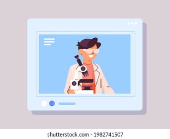 schoolboy holding microscope smart student making chemical experiments in web browser window