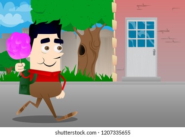 Schoolboy holding pink cotton candy. Vector cartoon character illustration.