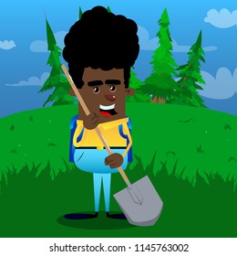 Schoolboy holding a shovel. Vector cartoon character illustration.