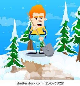 Schoolboy holding a shovel. Vector cartoon character illustration.