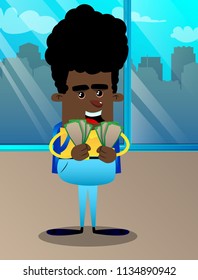 Schoolboy holding or showing money bills. Vector cartoon character illustration.