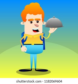 Schoolboy holding silver cloche in hand. Vector cartoon character illustration.
