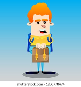Schoolboy holding small suitcase. Vector cartoon character illustration.