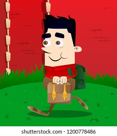 Schoolboy holding small suitcase. Vector cartoon character illustration.