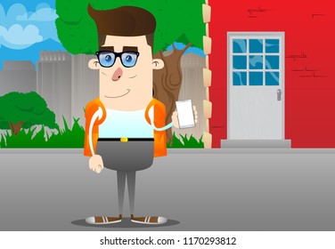 Schoolboy holding smartphone with blank white screen. Vector cartoon character illustration.