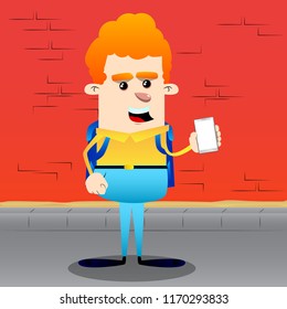 Schoolboy holding smartphone with blank white screen. Vector cartoon character illustration.