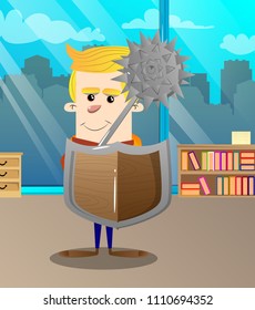 Schoolboy holding a spiked mace and shield. Vector cartoon character illustration.