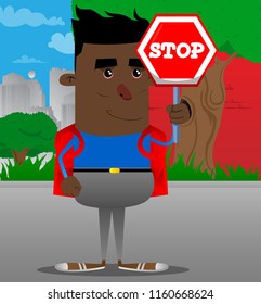 Schoolboy holding a stop sign. Vector cartoon character illustration.