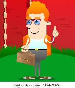 Schoolboy holding suitcase and making a point. Vector cartoon character illustration.