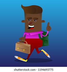 Schoolboy holding suitcase and making a point. Vector cartoon character illustration.