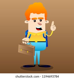 Schoolboy holding suitcase and making a point. Vector cartoon character illustration.