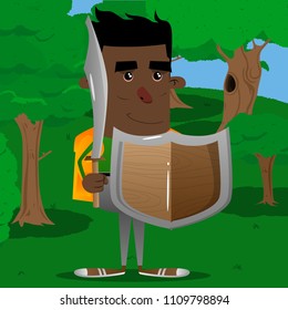 Schoolboy holding a sword and shield. Vector cartoon character illustration.