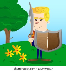 Schoolboy holding a sword and shield. Vector cartoon character illustration.