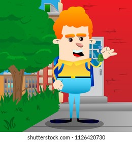 Schoolboy holding a test tube. Vector cartoon character illustration.