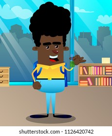 Schoolboy holding a test tube. Vector cartoon character illustration.