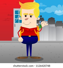 Schoolboy holding a test tube. Vector cartoon character illustration.