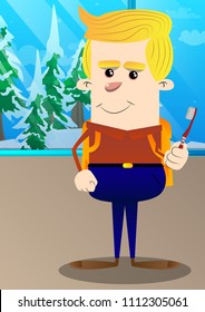 Schoolboy holding toothbrush. Vector cartoon character illustration.