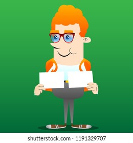 Schoolboy holding two white paper. Vector cartoon character illustration.