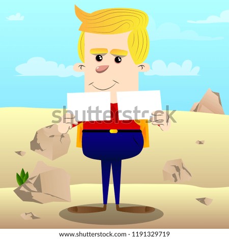 Schoolboy holding two white paper. Vector cartoon character illustration.