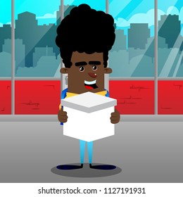 Schoolboy holding white box. Vector cartoon character illustration.