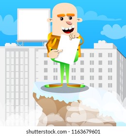 Schoolboy holding white paper and pointing at it. Vector cartoon character illustration.