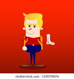 Schoolboy holding white tall box. Vector cartoon character illustration.