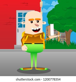 Schoolboy holding white tall box. Vector cartoon character illustration.