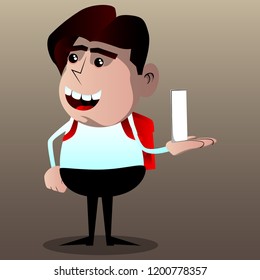 Schoolboy holding white tall box. Vector cartoon character illustration.